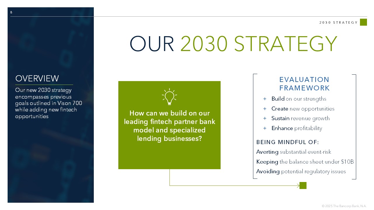 8 2030 STRATEGY OUR  2030 STRATEGY OVERVIEW  Our new 2030 strategy  encompasses previous  goals outlined in Vison 700  while adding new fintech  opportunities Build on our strengths Create new opportunities Sustain revenue growth Enhance profitability Averting substantial event - risk Keeping the balance sheet under $10B Avoiding potential regulatory issues + + + + EVALUATION  FRAMEWORK BEING MINDFUL OF: How can we build on our  leading fintech partner bank  model and specialized  lending businesses?
